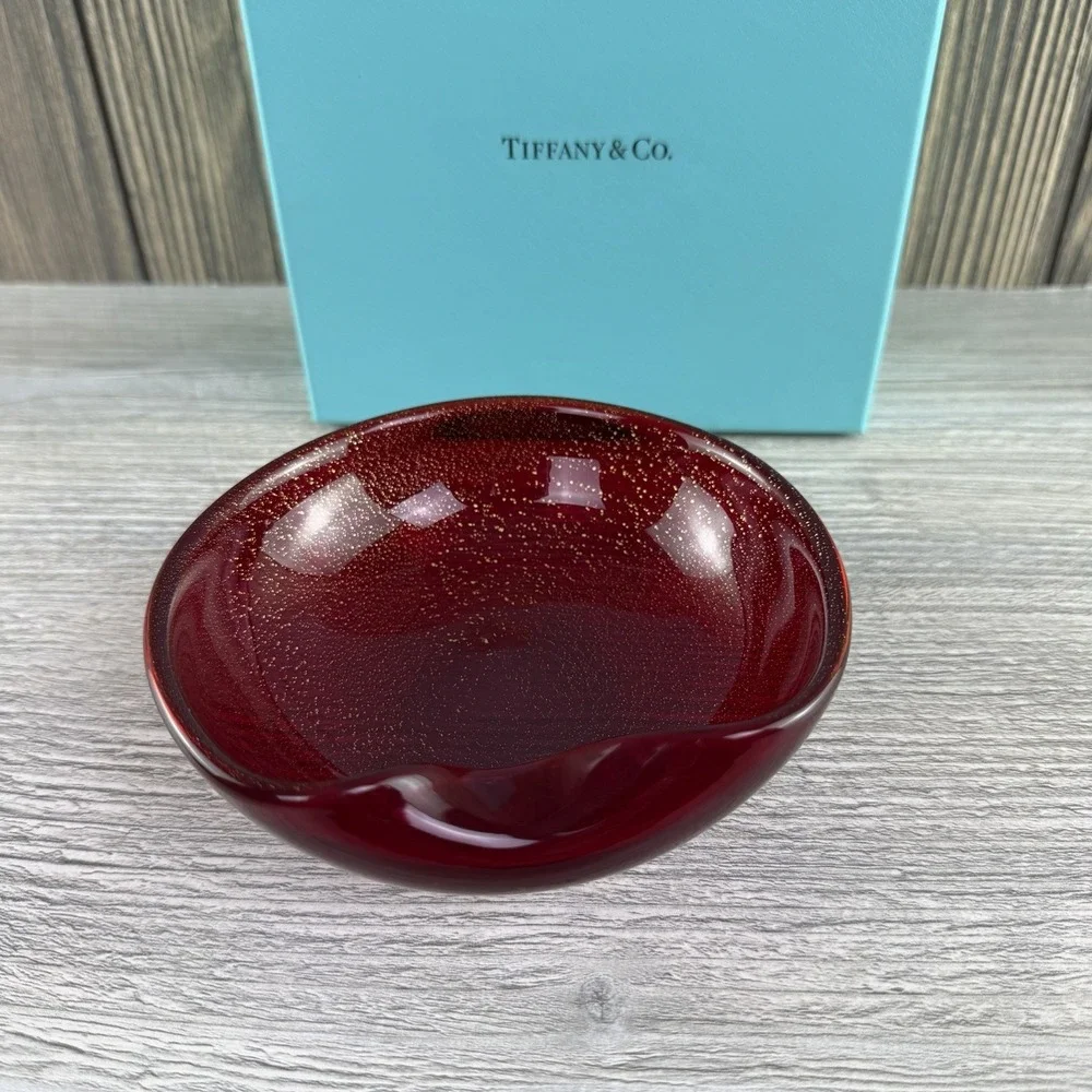 Tiffany & Co Elsa Peretti Thumbprint Dish Red Venetian Glass 24K Gold 5